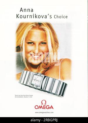 Omega Constellation Quadra Uhr in Edelstahlwerbung mit Anna Kournikova in einer Zeitschrift 2000 Stockfoto