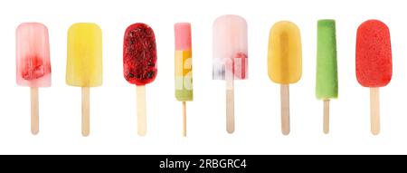 Verschiedene leckere Eiscreme auf weißem Hintergrund Stockfoto