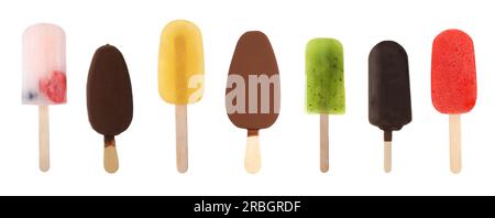 Verschiedene leckere Eiscreme auf weißem Hintergrund Stockfoto