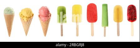 Verschiedene leckere Eiscreme auf weißem Hintergrund Stockfoto