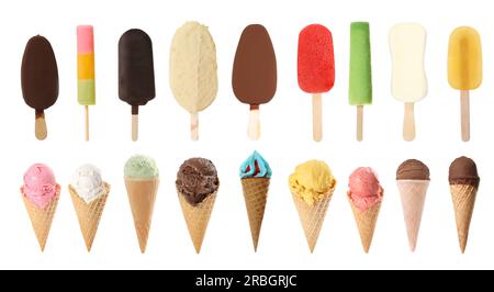 Verschiedene leckere Eiscreme auf weißem Hintergrund Stockfoto