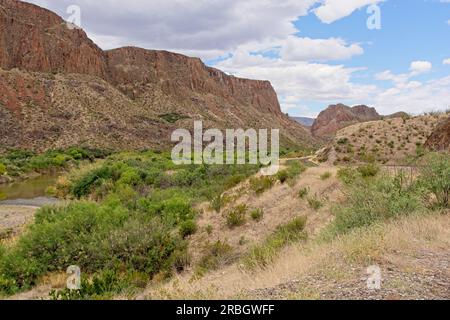 Der üppig grüne Rio Grande River und der zweispurige Highway führen durch mesa im Big Bend Ranch State Park Stockfoto