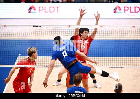 Pasay City, Philippinen. 7. Juli 2023. Akihiro Yamauchi (JPN) Volleyball : FIVB Volleyball Nations League 2023 Vorrunde Week3 Pool6 der Herrenliga zwischen Japan und den Niederlanden in der SM Mall of Asia Arena in Pasay City, Philippinen . Kredit: SportsPressJP/AFLO/Alamy Live News Stockfoto