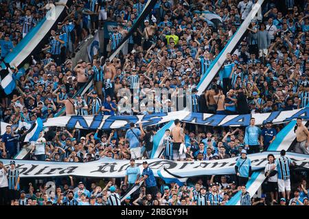 Porto Alegre, Brasilien. 09. Juli 2023. Arena do Gremio Fans von Gremio während des Spiels zwischen Gremio und Botafogo für die 14. Runde der brasilianischen Meisterschaft 2023 in der Arena do Gremio, diesen Sonntag, den 09. 30761 $ (Richard Ducker/SPP) Guthaben: SPP Sport Press Photo. Alamy Live News Stockfoto