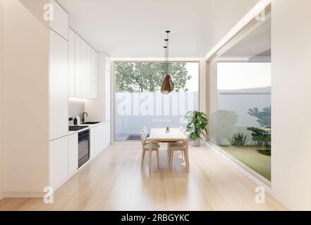 Minimale weiße Küche und Esstisch. Rendering von 3D-Illustrationen Stockfoto