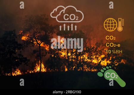 Waldbrände setzen CO2-Emissionen und andere Treibhausgase (THG) frei, die zum Klimawandel beitragen. Stockfoto