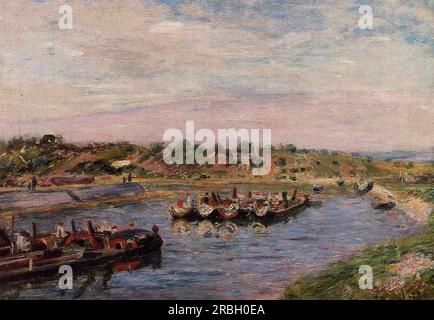 Leere Lastkähne auf dem Loing Canal bei Saint Mammes 1885 von Alfred Sisley Stockfoto