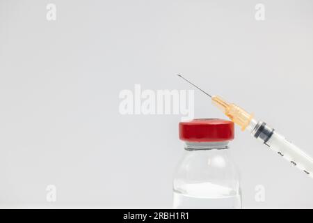 Impfstoff- und Impfkonzept 24-G-Spritze mit rotem Verschluss. Stockfoto