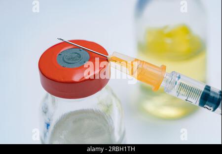 Impfstoff- und Impfkonzept 24-G-Spritze mit rotem Verschluss. Stockfoto