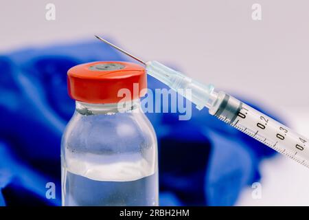 Impfstoff- und Impfkonzept 24-G-Spritze mit rotem Verschluss. Stockfoto