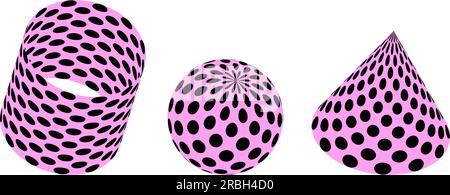 Set mit pinkfarbenen 3D-Formen mit schwarzen Punkten. Farbenfrohe Designelemente für Kegel, Zylinder und Kugeln für Vorlagen, Poster, Flyer, Banner. Sammlung von geometrischen Vektorformen Stock Vektor