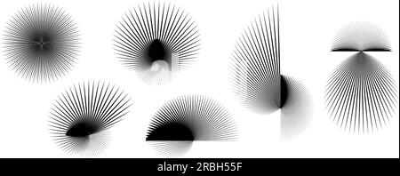 Abstraktes Stachel-Elementset. Objektsammlung für radiale und spiralförmige Speichen. Dünne Dornformen und winkliges Sonnenlicht-Bündel für Poster, Collagen, Dekoration. Vector futuristisches Pack Stock Vektor