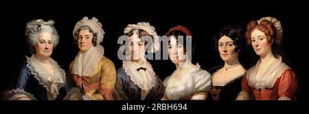 Porträts der ersten sechs First Ladies: Martha Washington, Abigail Adams, Martha Jefferson Randolph, Dolley Madison, Elizabeth Monroe, Louisa Adams. Stockfoto