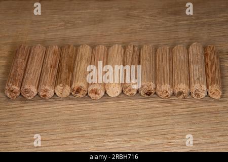 Reihe von Eichendübel auf Eichenhintergrund, Dübel zum Verbinden zweier Holzstücke, Gelenk, Schreiner Stockfoto