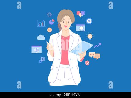 Präsentation für professionelle Geschäftsfrau, Erläuterung einer flachen Illustration und digitaler Marketingtechnologie flaches Symbol dekorierter Hintergrundvektor Stock Vektor