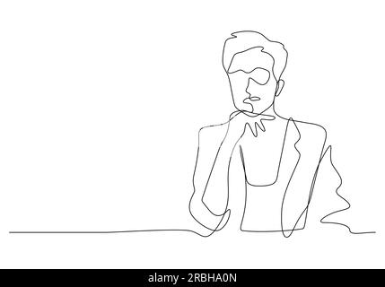 Durchgehende Linienzeichnung einer kurzen Frau mit der Hand auf dem Kinn mit einem auffälligen und selbstbewussten Expressionsvektor-Geschäftskonzept Stock Vektor