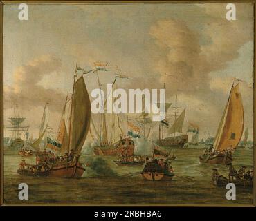 Spiegelgevecht op het IJ te Amsterdam ter ere van het bezoek van Tsaar Peter de Grote op 1 september 1697 1705 von Abraham Storck Stockfoto