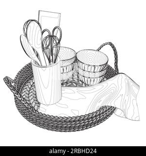 Übersicht über gezeichnete Küchengeräte zur Illustration. Kontur von Küchenutensilien im Korb. Stock Vektor