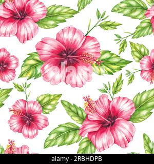 Muster von hibiskusroten Blumen auf weißem Hintergrund. Nahtlose Blumenmuster, handgezeichnet mit Aquarellelementen für die Gestaltung von Textilien, Stoffen, Stockfoto
