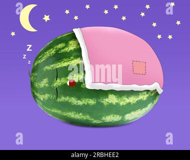 Kreative Kunstwerke. Süße Wassermelone schläft, bedeckt mit einer Decke in der Sternennacht. Ganze Früchte mit Zeichnungen auf violettem Hintergrund Stockfoto