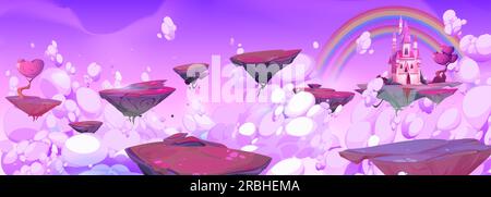 Purpurfarbener Fantasy-Himmel mit schwimmender Insel und magischer Burg-Zeichentrickfilm. Märchenhafter mobiler rpg-Spielvektor mit mittelalterlicher Prinzessinnen-Villa mit Regenbogenlandschaft auf einer Flugplattform Stock Vektor