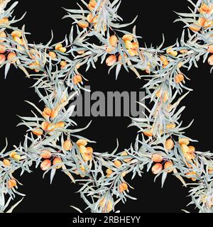 Muster mit orangefarbenem Sanddorn. Sanddorn für gesundes Leben und Design-Hintergrund. Handgemalt. Botanisch natürlich. Nahtloses Muster, ein Stockfoto