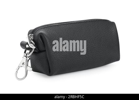 Stilvoller Schlüsselhalter aus Leder, isoliert auf weiß Stockfoto
