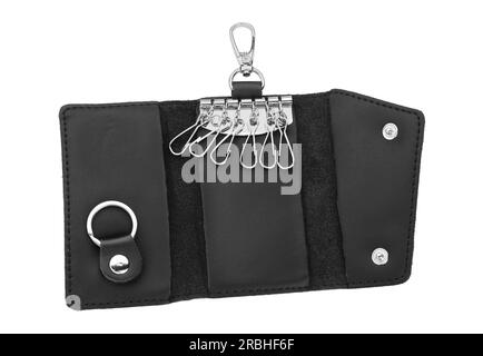 Stilvoller Schlüsselhalter aus Leder, isoliert auf weiß, Draufsicht Stockfoto
