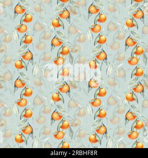 Nahtlose, wässrige Zitrusfrüchte und Blätter. Grüne Blätter und Orangenfrüchte auf weißem Hintergrund. Nahtlose Aquarelle von Mandarinen und Orangen Stockfoto