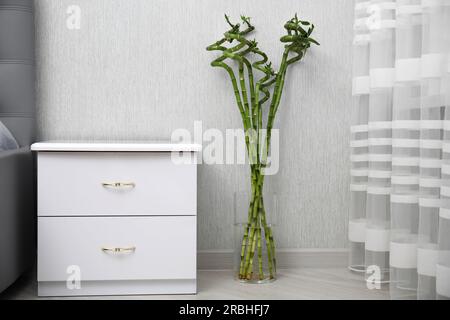 Vase mit wunderschönen grünen Bambusstämmen auf dem Boden im Innenbereich Stockfoto