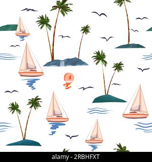 Tropische Insel, Segelboot, Sonnenuntergang, Palmen, nahtloses Muster, Vektordarstellung Stock Vektor