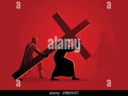 Biblische Vektor-Illustration-Serie. Kreuzweg oder Kreuzstationen, zweite Station, Jesus nimmt sein Kreuz an. Stock Vektor