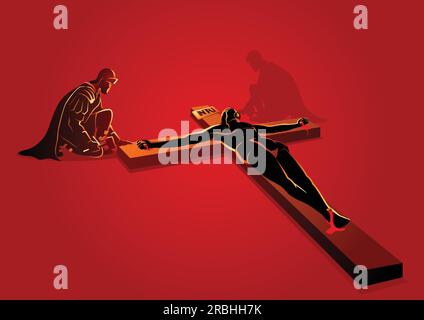 Biblische Vektor-Illustration-Serie. Kreuzweg oder Kreuzstationen, elfte Station, Jesus wird ans Kreuz genagelt. Stock Vektor