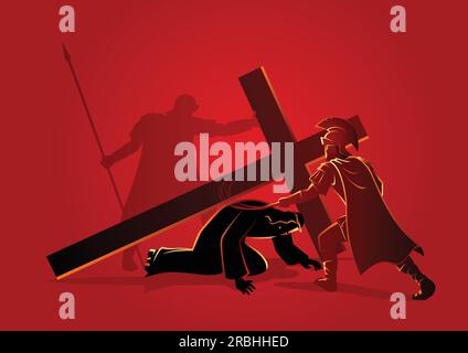 Biblische Vektor-Illustration-Serie. Kreuzweg oder Kreuzstationen, neunte Station, Jesus fällt zum dritten Mal. Stock Vektor