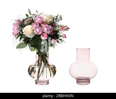 Stilvolle Vase mit wunderschönem Blumenstrauß und leerer Vase auf weißem Hintergrund. Collage-Design Stockfoto