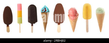 Verschiedene leckere Eiscreme auf weißem Hintergrund Stockfoto