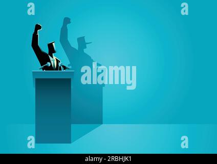Vektor-Illustration eines Mannes auf einem Podium, der Rede mit seinem langen Nasenschatten hält. Konzept des Lügners. Stock Vektor