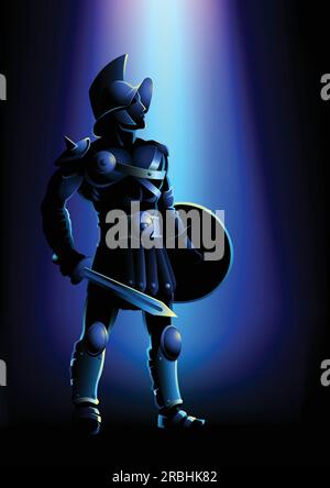 Vektordarstellung eines Gladiators, der mit Schwert und Schild steht Unter blauem Licht Stock Vektor