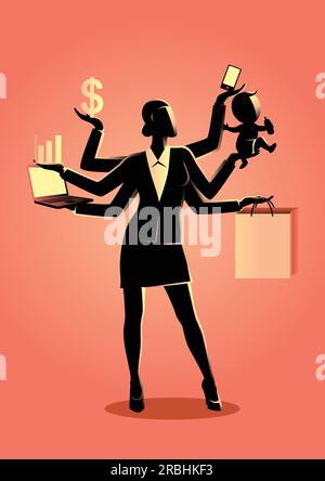 Business Concept Vektor Illustration einer Geschäftsfrau mit vielen Händen, Konzept für Multitasking Stock Vektor