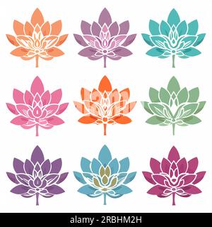 Blumensymbole gesetzt. Abstrakte bunte Blumen auf weißem Hintergrund. Blumenkollektion in flachem Design. Vektordarstellung Stock Vektor