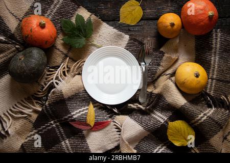 Weißer Teller auf dem Tisch auf einer karierten Tischdecke und neben Kürbissen auf einem alten Holztisch, festliches Servierdekor, Teller auf dem Tisch, Teller auf t Stockfoto