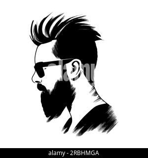 Schwarze Silhouette aus Hipster-Haaren und Bärten. Modekonzept. Schwarz-Weiß-Logo oder Silhouette eines Männergesichts mit Bart und Brille. Vektorbeleuchtung Stock Vektor