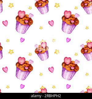 Nahtloses Aquarellmuster mit Herz, Süßigkeiten und Cupcakes zum Valentinstag, Aquarellfarbe, Handzeichnung, Pink- und lilafarbene Farbe, isoliert auf weißem Hintergrund Stockfoto
