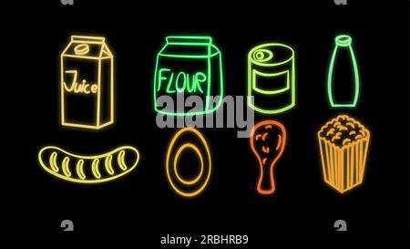 Leuchtend leuchtende Neonfarben aus acht Ikonen köstlicher Speisen und Snacks für das Restaurant Bar Café: Saft, Mehl, Dosenfutter, Milch, Wurst Stock Vektor