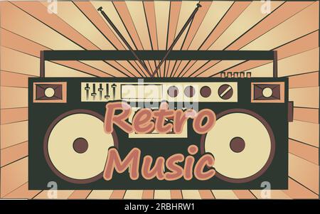 Ein alter Retro-Hipster-Musik-Audio-Recorder für Audiokassetten der 70er, 80er, 90er Jahre und eine Inschrift Retro-Musik. Der Hintergrund. Stock Vektor