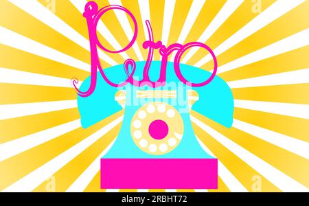 Retro, alt, antik, Hipster, Vintage, Uraltes, türkisfarbenes Telefon mit einer Röhre und einer Retro-Inschrift in wunderschönen violetten Buchstaben dagegen Stock Vektor