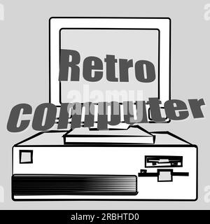 Ein alter alter, alter, antiker Gaming-Desktop-Computer im Retro-Hipster-Stil und eine Computereinschrift aus den 70er, 80er und 90er Jahren auf einem Hintergrund mit Audiokassetten Stock Vektor