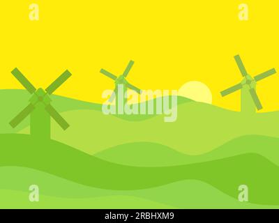 Mühlen bei Sonnenuntergang. Wellige Landschaft mit grünen Feldern bei Sonnenuntergang und Silhouetten von Windmühlen in minimalistischem Stil. Ländliche Landschaft mit Feldern und Windmühle Stock Vektor