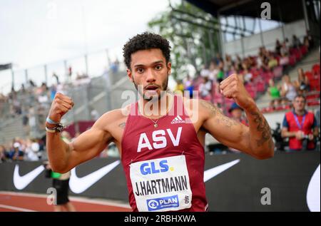 Kassel, Deutschland. 09. Juli 2023. Jubelsieger Joshua HARTMANN (ASV Köln) Finale mit 200m Männern bei 09.07.2023 deutschen Leichtathletikmeisterschaften 2023 ab 08,07. - 09.07.2023 in Kassel/Deutschland. Kredit: dpa/Alamy Live News Stockfoto
