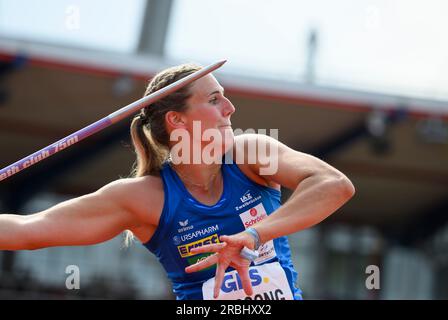 Kassel, Deutschland. 09. Juli 2023. Gewinner Christin HUSSONG (LAZ Zweibruecken) im Frauenjavelin-Finale bei der deutschen Leichtathletik-Meisterschaft 2023 09.07.2023 ab 08,07. - 09.07.2023 in Kassel/Deutschland. Kredit: dpa/Alamy Live News Stockfoto